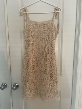 Beige Crochet Tie-Shoulder Lined Sundress